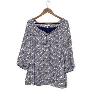 Roz & Ali Womens Geometric‎ Blouse Top Plus Sz 2X 3/4 Tie Sleeve Square Tie Neck